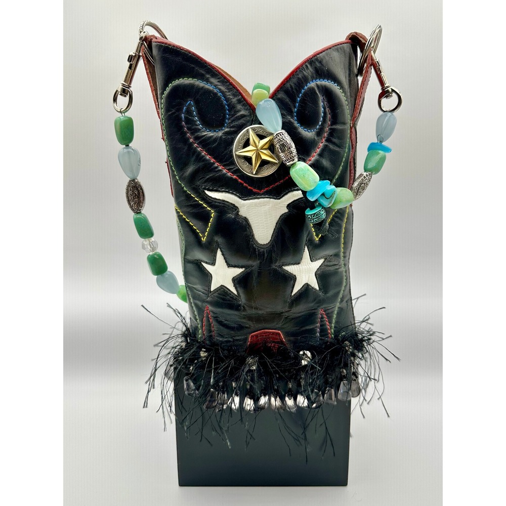Upcycled Cowboy Boot Shoulder Bag Women Small Black Leather Longhorn Star Fringe